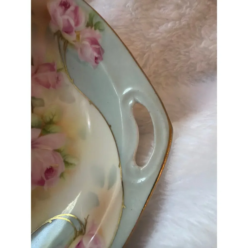 Vintage Royal Rudolstadt Prussia Pink Roses Handled Nut Candy Bowl Gold Trim 6